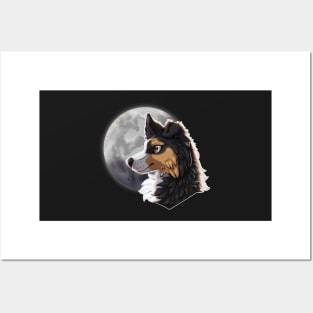 Tricolor Black Border Collie with Night Sky Full Moon Posters and Art